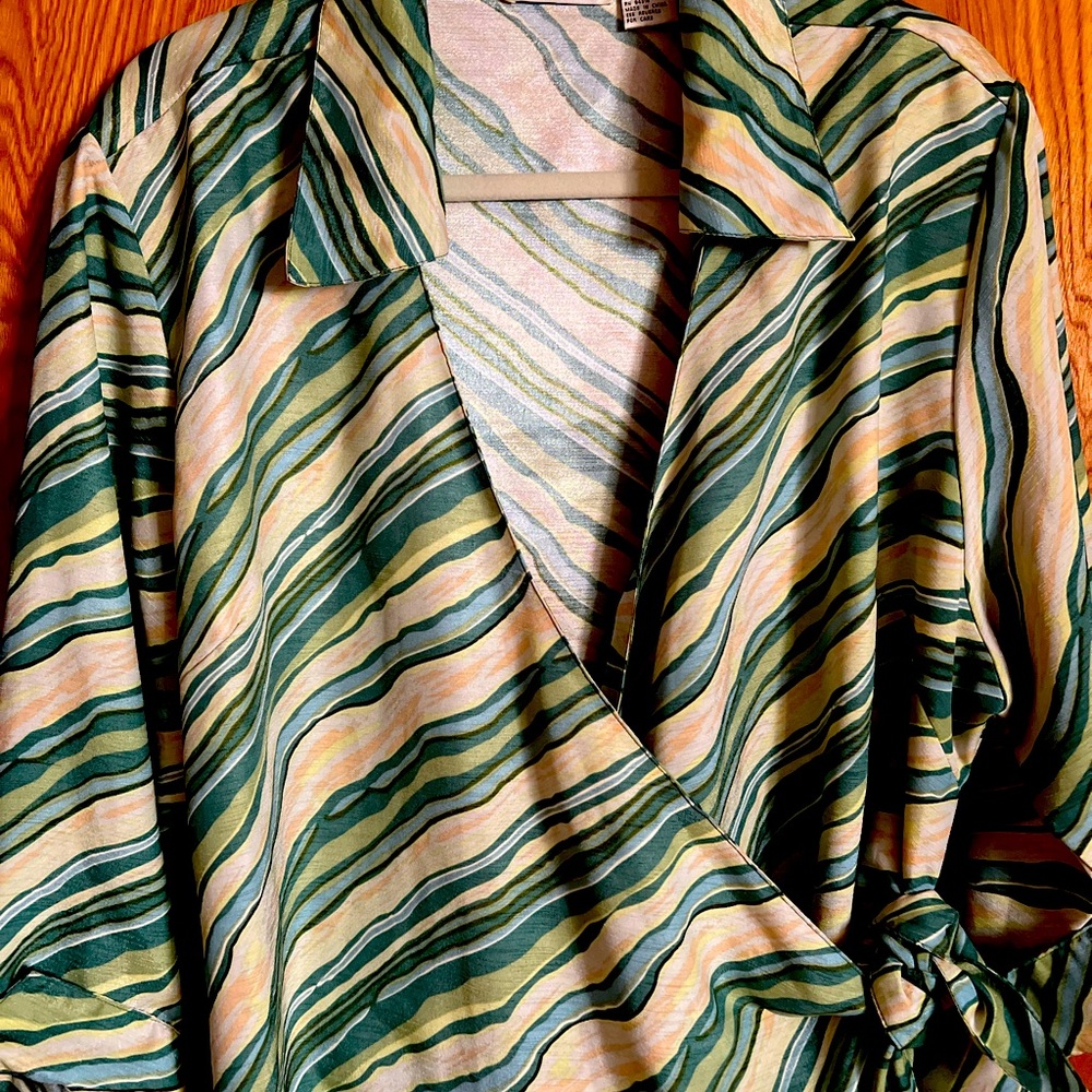 Striped Green and Cream Wrap Blouse
